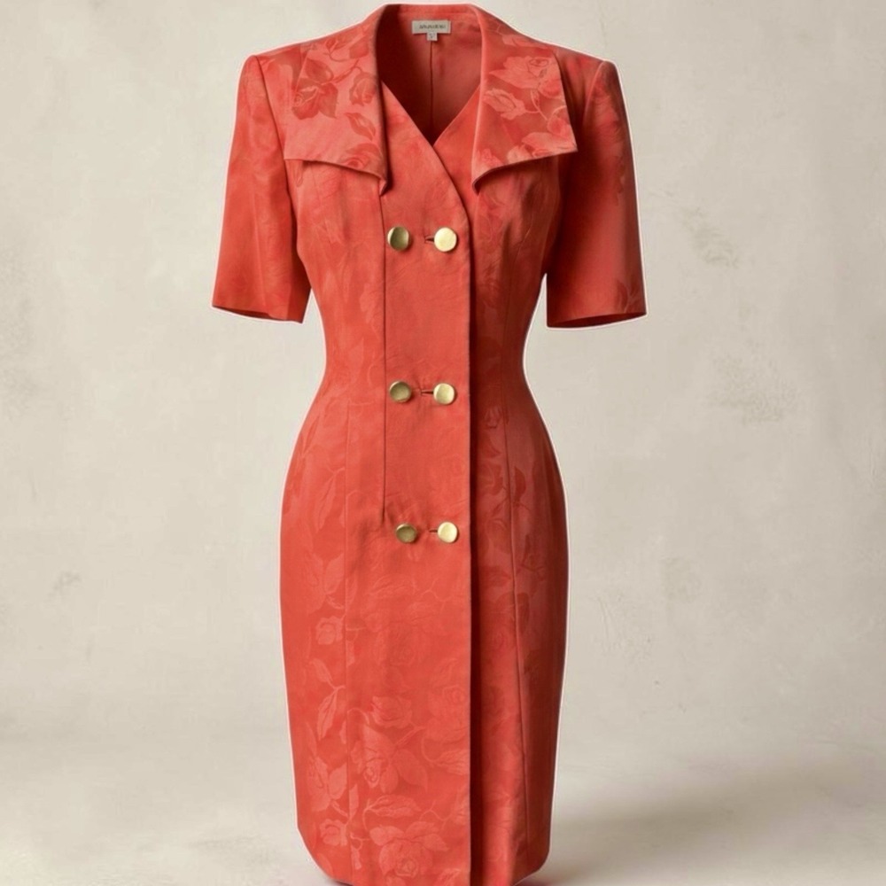 Vintage William Pearson Coral Floral Jacquard Tailored Dress Size 12